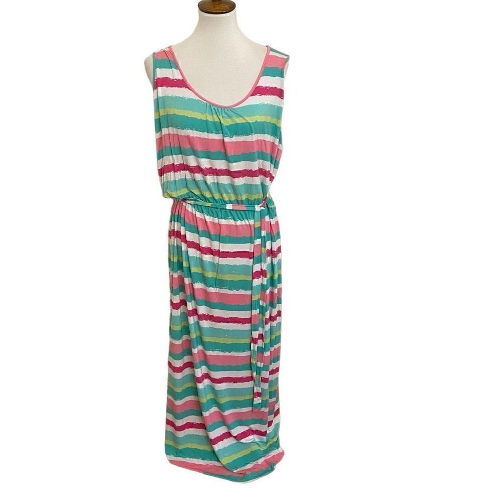 Vineyard Vines Multicolored Painted Striped Maxi Dress Pink Green White XL